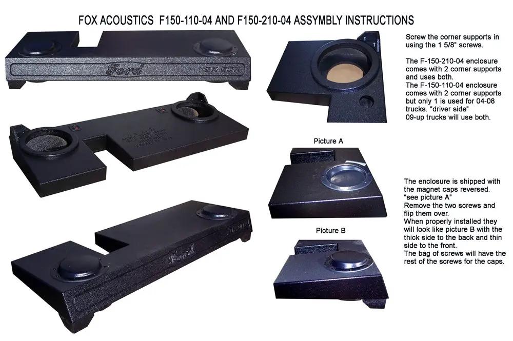 FOX BOX assembly guide shows corner-support installation and reversing the shipped magnet caps so their thick sides face the rear