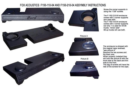 FOX BOX assembly guide shows corner-support installation and reversing the shipped magnet caps so their thick sides face the rear