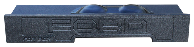 Black subwoofer enclosure with large FORD lettering on the front