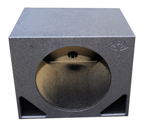 Front view of one Fox Box Mustang enclosure showing a single circular subwoofer opening and two lower ports