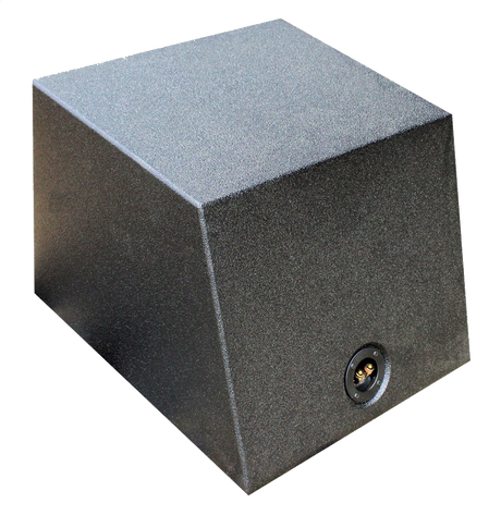 Rear view of a single black subwoofer enclosure showing its terminal cup