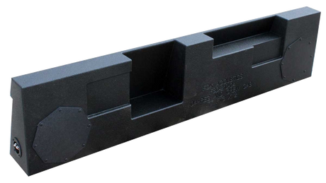 Reverse view of a black subwoofer enclosure showing recessed sections and two screw-fastened panels