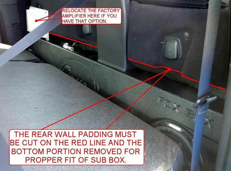 Installation diagram marking rear-wall padding to trim and a relocation point for the optional factory amplifier