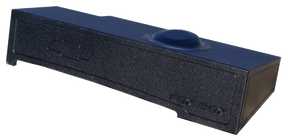 Long black subwoofer enclosure with one raised circular clearance section