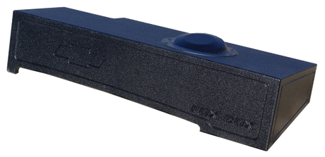 Long black subwoofer enclosure with one raised circular clearance section