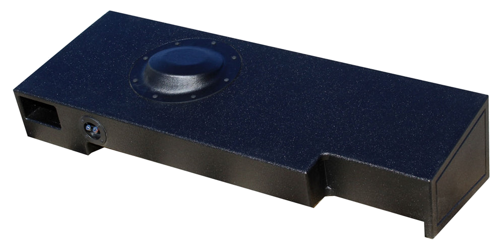 FOX BOX enclosure viewed from the raised magnet-cover side, showing two end ports and a terminal cup