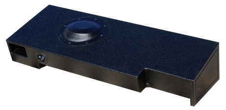 FOX BOX enclosure viewed from the raised magnet-cover side, showing two end ports and a terminal cup