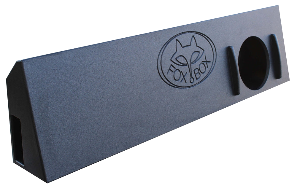 Black Fox Box enclosure with one round speaker opening, raised strips and a rectangular end port
