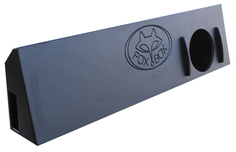 Black Fox Box enclosure with one round speaker opening, raised strips and a rectangular end port