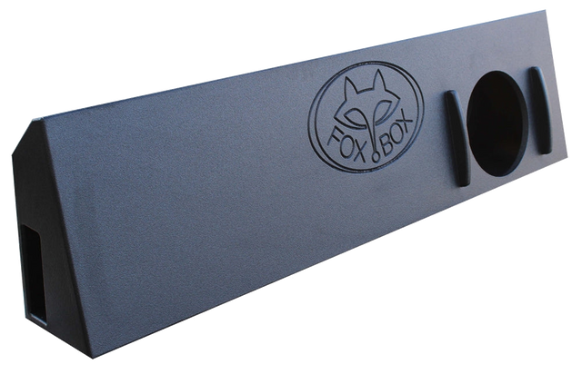 Black Fox Box enclosure with one round speaker opening, raised strips and a rectangular end port