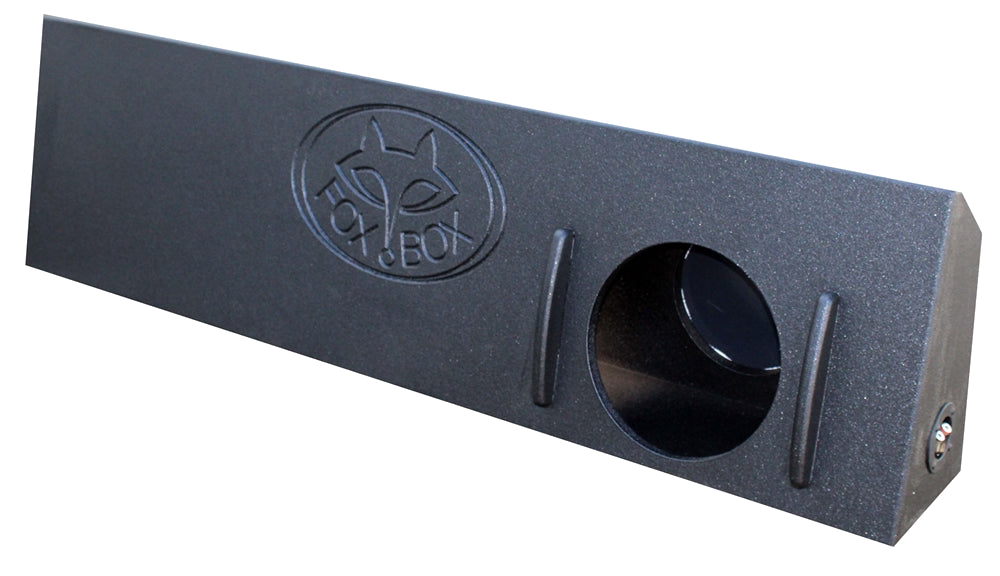 Angled black FOX BOX enclosure with a single round speaker cutout, embossed logo and side terminal cup