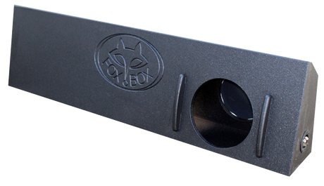 Angled black FOX BOX enclosure with a single round speaker cutout, embossed logo and side terminal cup