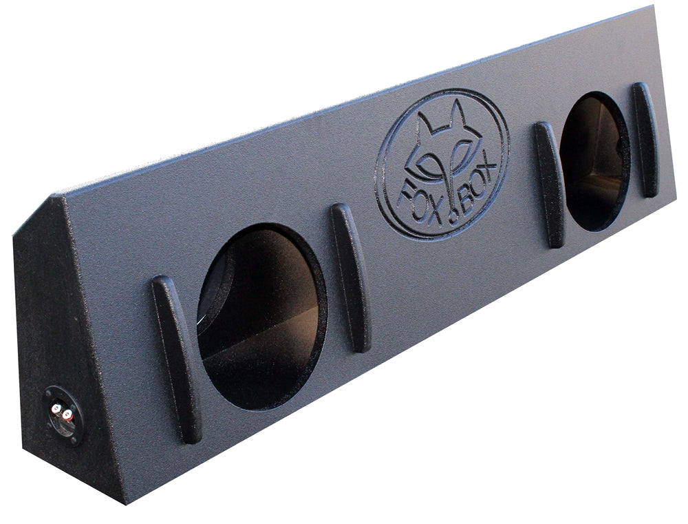 Angled view of a black Fox Box enclosure with two round speaker openings, raised front strips and an end terminal cup