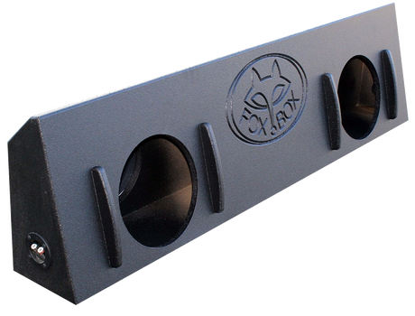 Angled view of a black Fox Box enclosure with two round speaker openings, raised front strips and an end terminal cup