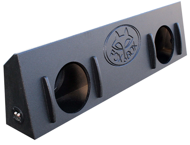 Angled view of a black Fox Box enclosure with two round speaker openings, raised front strips and an end terminal cup