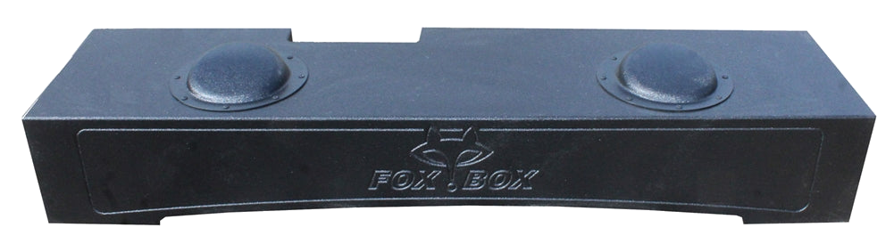 Long black Fox Box enclosure with two circular raised rear sections and a molded Fox Box logo