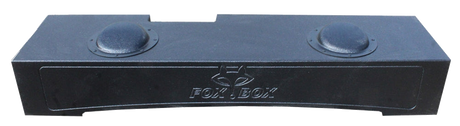 Long black Fox Box enclosure with two circular raised rear sections and a molded Fox Box logo