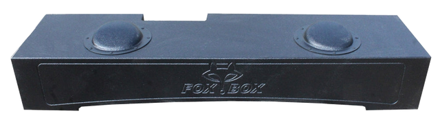 Long black Fox Box enclosure with two circular raised rear sections and a molded Fox Box logo