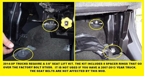 GM seat-lift guide: 2014-up trucks require eight 5/8-inch spacer rings over the factory seat studs; the spacers are not used for 2007–2013 trucks