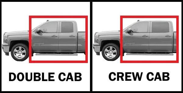Side-by-side Chevrolet truck images comparing double-cab and crew-cab body styles