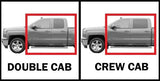Side-by-side Chevrolet truck images comparing double-cab and crew-cab body styles