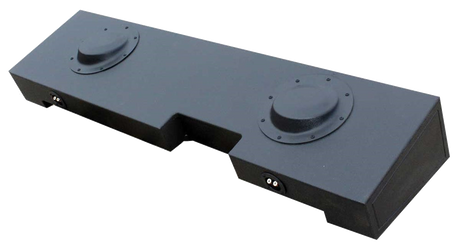 Black subwoofer enclosure with two raised circular clearance sections, rear view