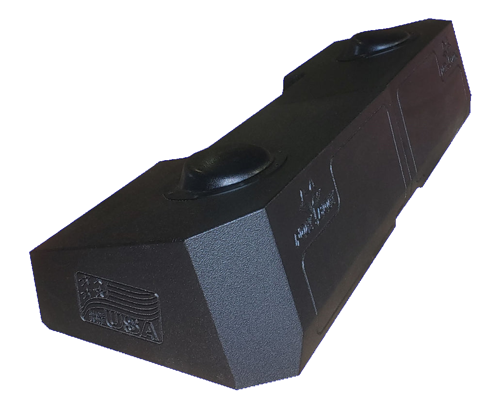 Angled view of a long black Fox Box enclosure with two round raised sections and an embossed flag on the end