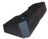 Angled view of a long black Fox Box enclosure with two round raised sections and an embossed flag on the end