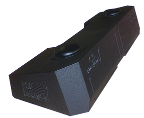 Angled view of a long black Fox Box enclosure with two round raised sections and an embossed flag on the end