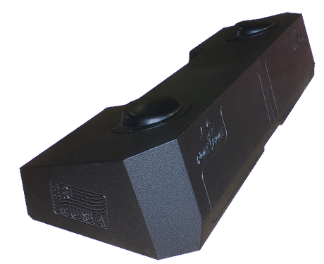 Angled view of a long black Fox Box enclosure with two round raised sections and an embossed flag on the end