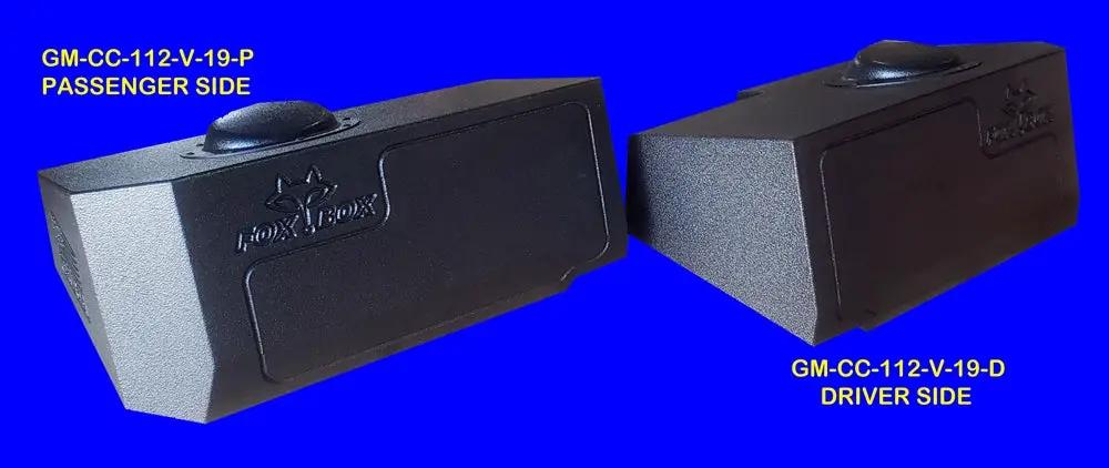 Passenger-side and driver-side FOX BOX enclosures shown side by side with their corresponding labels