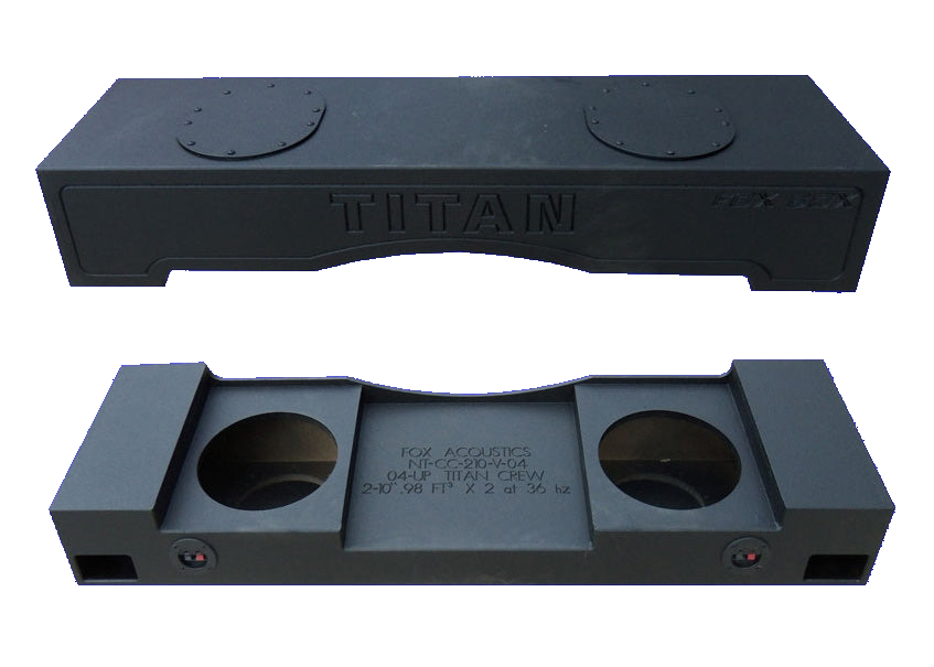 Two views of a Fox Box TITAN enclosure showing its front lettering, speaker openings and terminal cups