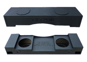 Two views of a Fox Box TITAN enclosure showing its front lettering, speaker openings and terminal cups