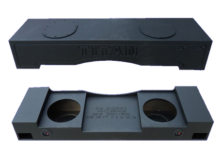 Two views of a Fox Box TITAN enclosure showing its front lettering, speaker openings and terminal cups