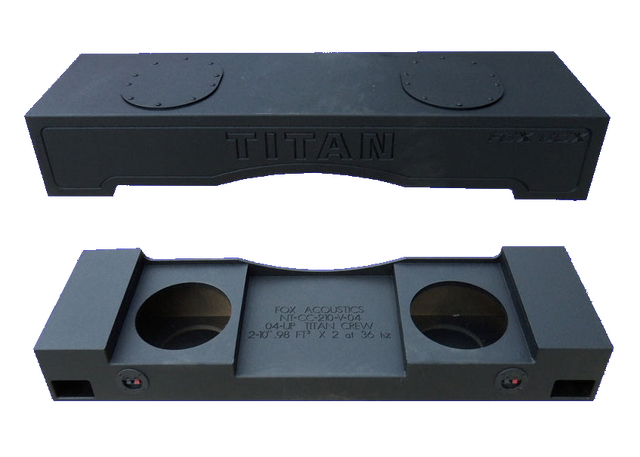 Two views of a Fox Box TITAN enclosure showing its front lettering, speaker openings and terminal cups