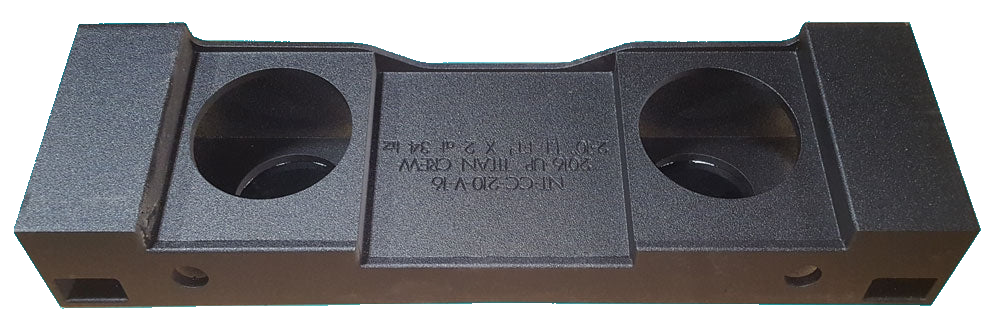 Underside of a Fox Box enclosure showing two recessed speaker openings and side ports