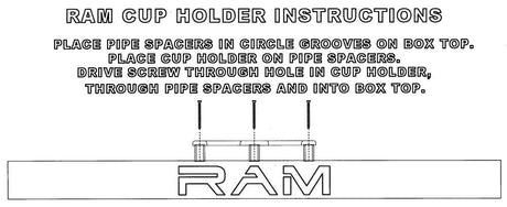 Ram cup-holder installation diagram: place pipe spacers in the enclosure grooves, set the holder on them and screw through into the box top