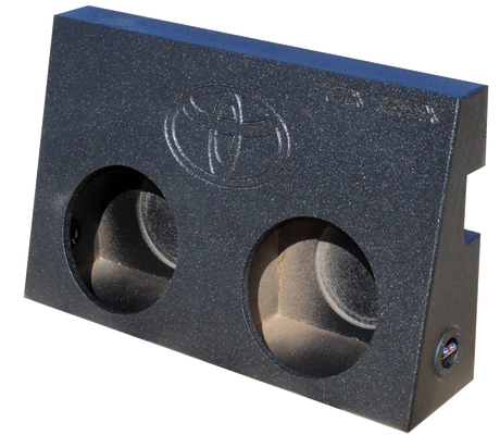 Fox Box enclosure with a Toyota emblem and two empty speaker openings, angled front view