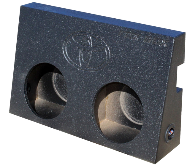 Fox Box enclosure with a Toyota emblem and two empty speaker openings, angled front view