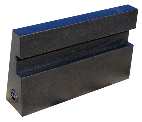 Black subwoofer enclosure with a stepped rear profile and side terminal cup
