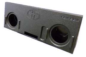 Fox Box enclosure with a Toyota emblem, two round speaker openings and a rectangular lower port