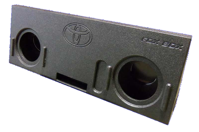 Fox Box enclosure with a Toyota emblem, two round speaker openings and a rectangular lower port