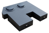 Reverse angle of a black subwoofer enclosure showing two raised circular sections, two terminal cups and a central notch