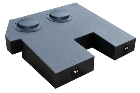 Reverse angle of a black subwoofer enclosure showing two raised circular sections, two terminal cups and a central notch