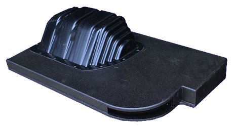 Black subwoofer enclosure with a molded underside, angled view