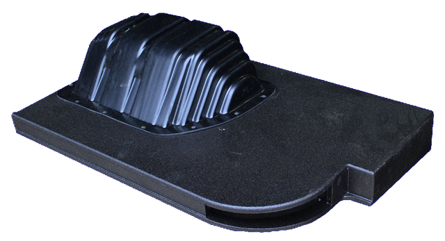 Black subwoofer enclosure with a molded underside, angled view