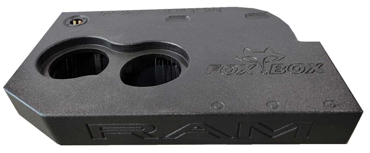 Fox Box enclosure with two speaker openings and RAM lettering, top view