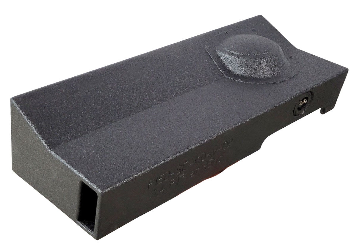 Fox Box enclosure, reverse angle showing a rectangular side port, terminal cup and raised circular section
