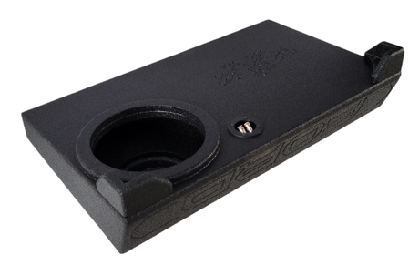 Angled underside view of a Fox Box enclosure with one recessed speaker opening and a terminal cup