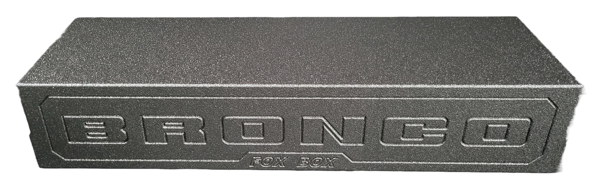 Back face of a textured FOX BOX enclosure with raised BRONCO lettering